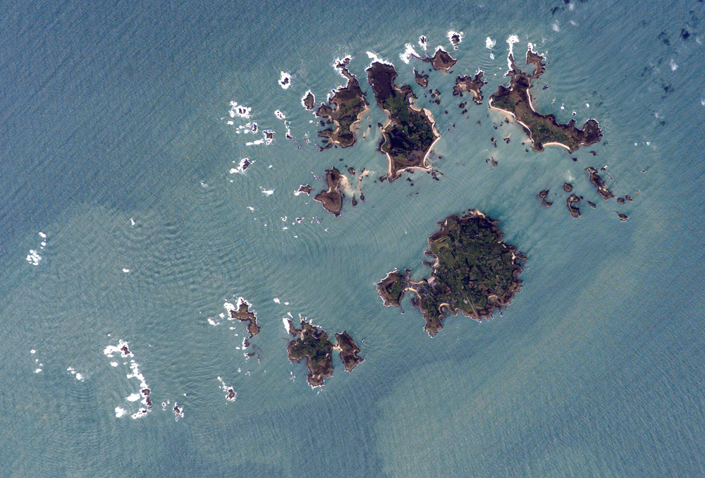 The Isles of Scilly, seen from Space, showing wave diffraction pattern around islands